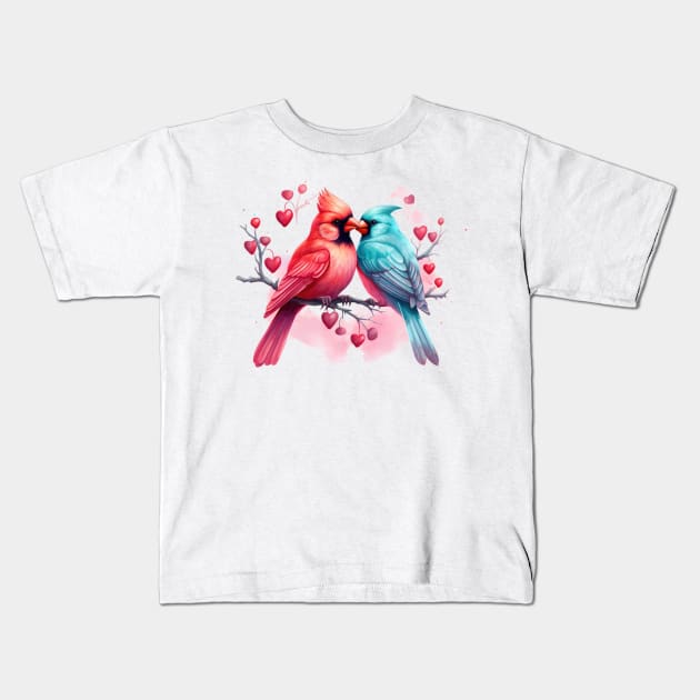 Valentine Kissing Northern Cardinal Bird Couple Kids T-Shirt by Chromatic Fusion Studio